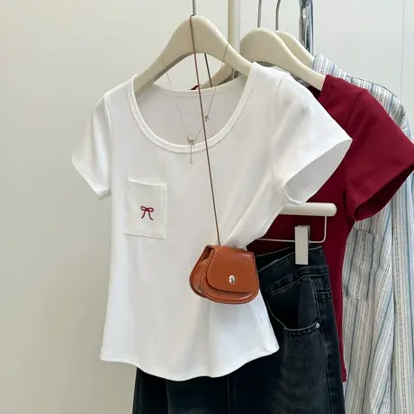 蝴蝶结刺绣口袋短袖T恤女夏季修身设计感小众打底衫韩版短款上衣图片