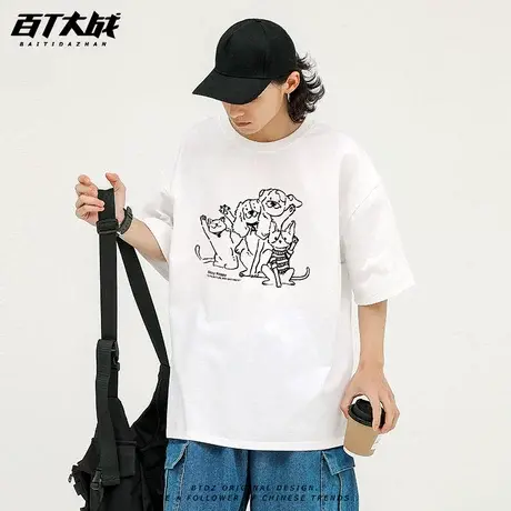 2025新款ins风短袖线条哈喽小狗纯棉白色卡通半袖衫夏季情侣款t恤商品大图