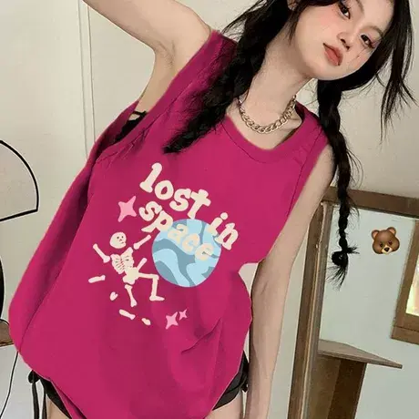 纯棉辣妹吊带坎肩背心无袖t恤女夏外穿设计感小众宽松慵懒风上衣商品大图
