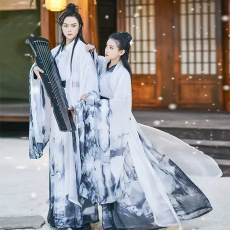 如梦霓裳汉服女齐腰襦裙大袖衫相思引魏晋风水墨广袖交领情侣装春图片