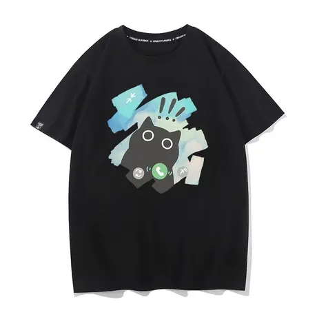 秀洛「吓喵一跳」夏季涂鸦短袖男宽松纯棉t恤男士潮牌原创小众图片