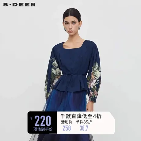 sdeer圣迪奥女装复古方领印花收腰压褶衬衫S233Z0520⭕商品大图