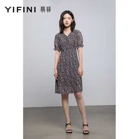 Yifini/易菲v领蕾丝雪纺碎花连衣裙女短袖中长款裙子夏新款图片