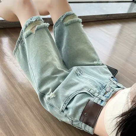 复古破洞高腰牛仔短裤女2025夏季薄款高腰显瘦直筒五分裤阔腿中裤商品大图