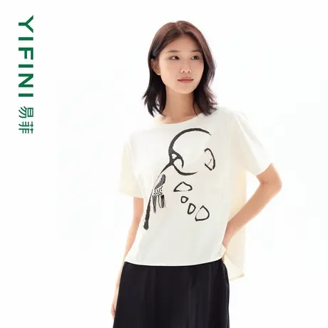 [专柜同款]Yifini/易菲原创印花中式国风水墨宽松百搭休闲T恤上衣商品大图