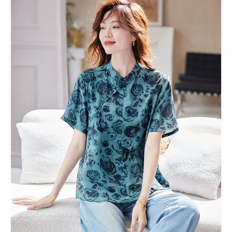 宝诗黎桑蚕丝印花短袖衬衫女2025夏季宽松新中式国风气质百搭衬衣图片