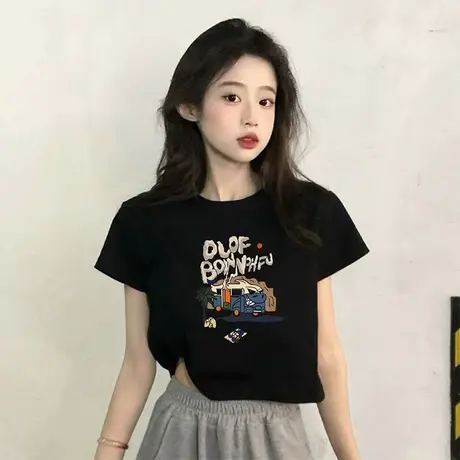 黑色美式潮牌t恤女短袖2025夏季新款正肩露脐高腰显瘦短款上衣ins商品大图