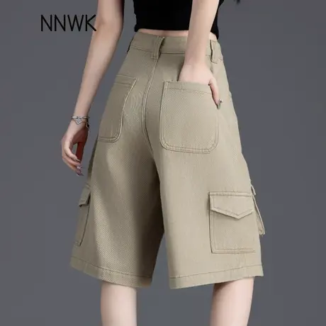 卡其色多口袋工装牛仔短裤女2025新款宽松高腰五分裤直筒阔腿中裤商品大图