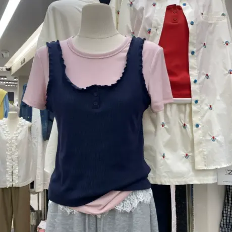 十三行2025夏季新款韩版时尚百搭显瘦拼接真两件吊带撞色T恤女潮图片