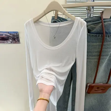 薄款微透修身长袖T恤女夏季韩版外搭u领防晒打底空调罩衫上衣简约图片