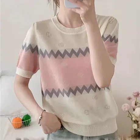 设计感撞色针织短袖t恤女2025新款夏季薄款宽松显瘦打底上衣小衫商品大图