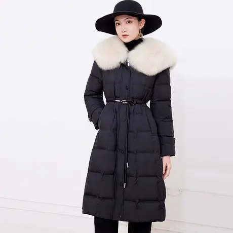 希区瑞普冬季新款高级感黑色狐狸大毛领腰带休闲女长款羽绒服商品大图