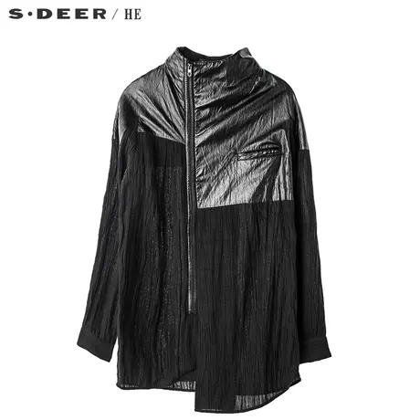 sdeerhe圣迪奥酷感光泽褶皱面料搭配偏襟设计立领外套H16172213图片