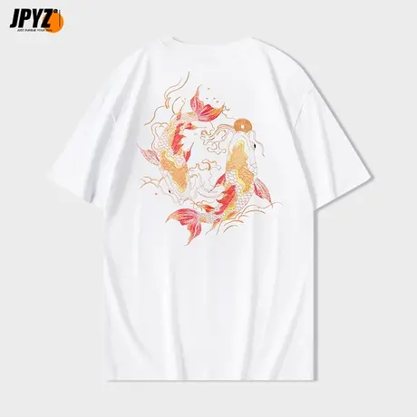 男士圆领短袖t恤锦鲤附体刺绣重工国风2024年新款国潮纯棉体恤衫商品大图