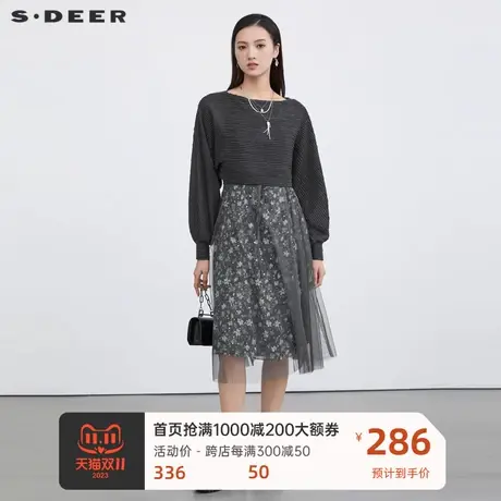 sdeer圣迪奥女装碎花收腰网纱针织两件套连衣裙S223Z12AH图片
