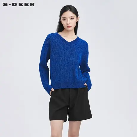 sdeer圣迪奥女装复古休闲罗纹V领宽松针织衫S22183503图片