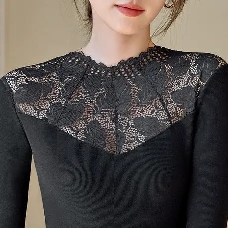 五公主蕾丝打底衫厚新款秋冬季半高领洋气小衫黑色内搭妈妈上衣女商品大图
