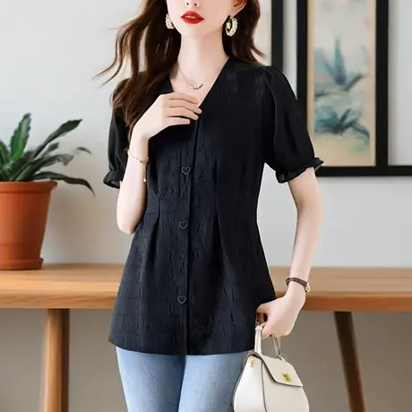 黑色v领气质女士短袖衬衫夏季新款收腰显瘦遮肚子胖MM洋气上衣商品大图
