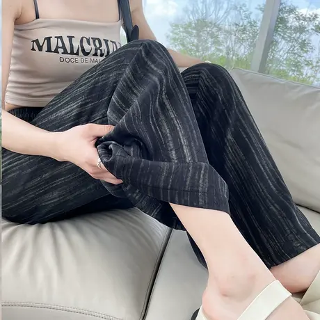 黑色肌理感冰丝阔腿裤女春秋新款高腰垂顺宽松显瘦休闲条纹拖地裤商品大图