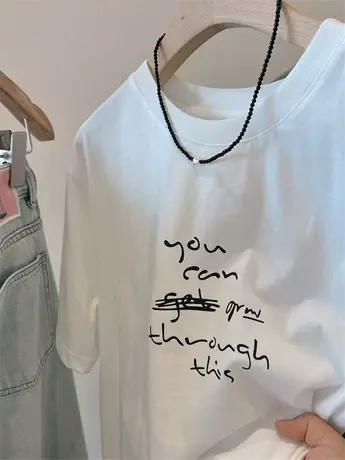 韩国one 潦草字母印花柔软棉质百搭休闲纯棉短袖内搭上衣 白T恤女商品大图