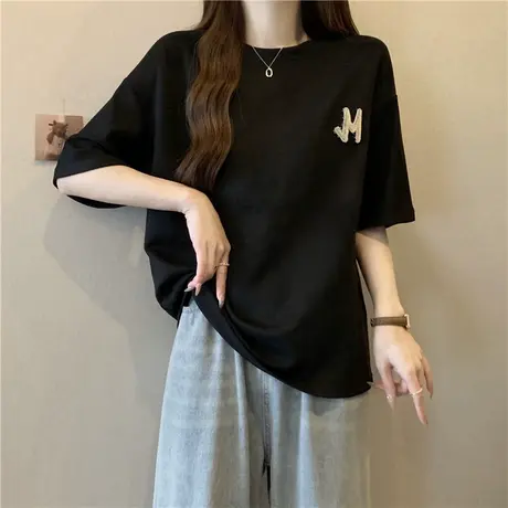 设计感小众字母绣花短袖T恤女夏季韩版百搭宽松打底衫半袖上衣潮商品大图