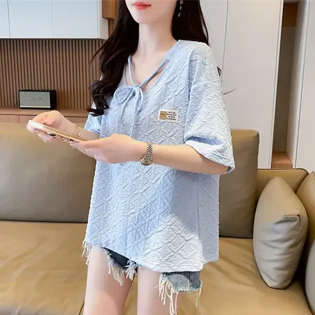设计感小众蝴蝶结短袖t恤女夏季韩版宽松大码女装镂空v领半袖上衣图片