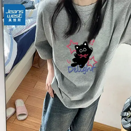 KMV真维斯灰色纯棉短袖t恤女2025新款夏宽松大码上衣圆领美式体恤商品大图