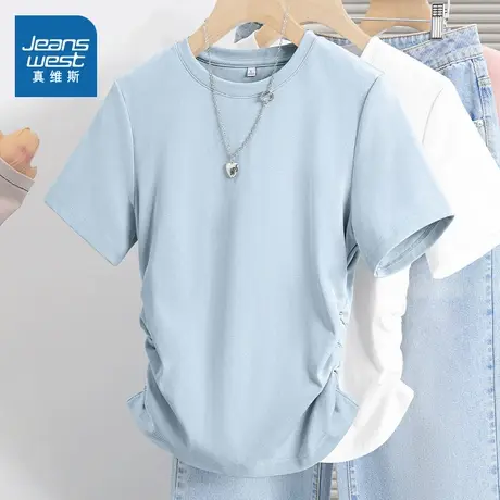 KMV真维斯蓝色短款短袖t恤女夏季2025新款小个子半袖紧身掐腰体恤图片