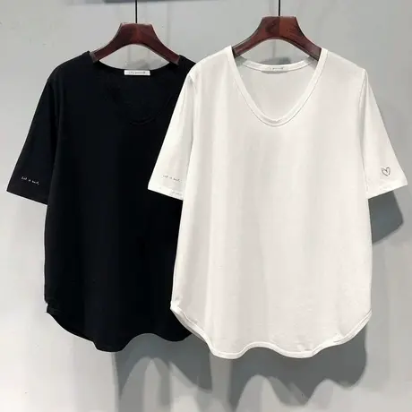 宽松大码V领正肩短袖T恤女夏季韩版打底衫内搭外穿爱心半袖上衣潮商品大图