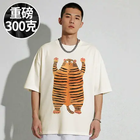 【100%棉】300斤大码男装美式潮牌复古宽松胖子五分袖短袖T恤半袖商品大图