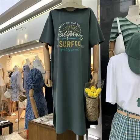 短袖t恤女2021夏季新款韩版ins潮宽松连衣裙中长款过膝开叉上衣服图片