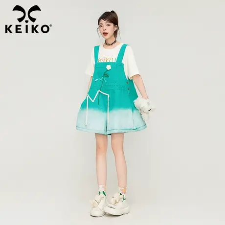 KEIKO[夏日新色系]渐变洗背带牛仔裤夏日多巴胺手工花饰阔腿短裤商品大图