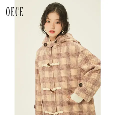 Oece复古格子大衣秋冬季新款女装牛角扣中长款毛呢外套上衣商品大图