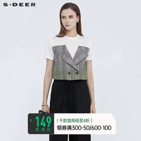 sdeer圣迪奥女夏时尚圆领格纹拼接渐变短袖T恤S21280181🥎商品大图