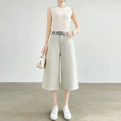 灰白色阔腿牛仔裤女夏季薄款高腰宽松显瘦垂感小个子七分直筒裤子商品大图