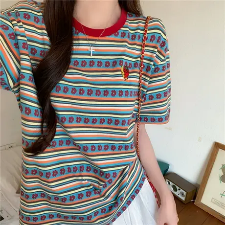 大码短袖T恤女夏季宽松显瘦圆领上衣胖MM条纹撞色正肩多巴胺体恤商品大图