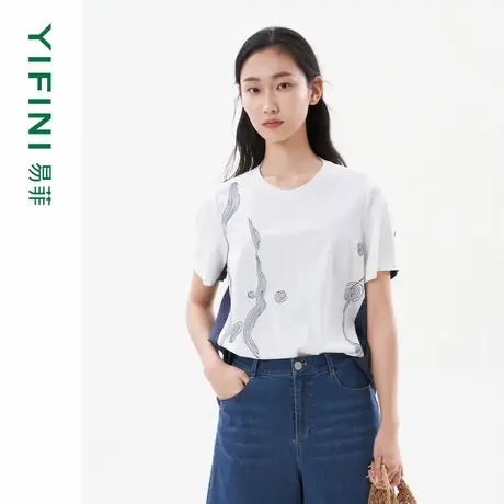 [专柜同款]Yifini/易菲简约休闲真丝棉拼接宽松短款印花时尚T恤女图片