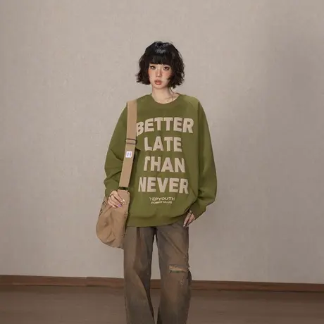 YEP发泡圆领复古字母卫衣女早秋新款字母美式宽松套头无帽上衣潮图片