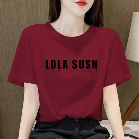 新款酒红色正肩短袖t恤女2025夏季宽松显瘦纯棉半袖内搭上衣ins潮图片