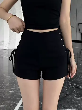 黑色高腰短裤女夏季2025新款辣妹修身显瘦百搭设计感弹力绑带热裤商品大图