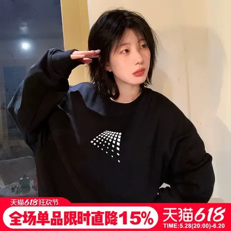 设计感潮牌美式街头风大版黑色卫衣女加绒加厚秋冬新款上衣外套商品大图