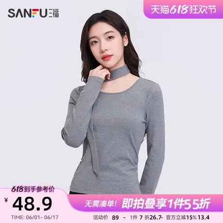 三福长T恤2025春季飘带围脖褶皱收腰圆领潮流上衣女装496555图片