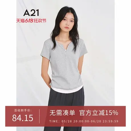 A21女装半开胸圆领假两件短袖T恤2025春季新款简约短款套头薄上衣商品大图