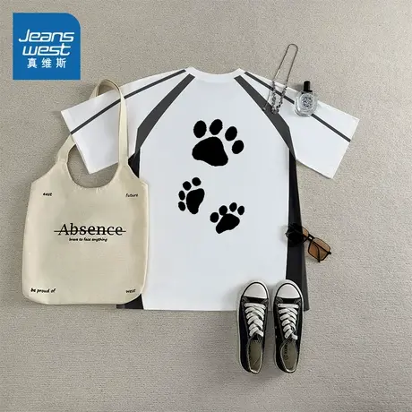 G2真维斯女装2025夏季新款时尚动物爪印印花插肩撞色拼接短袖T恤图片