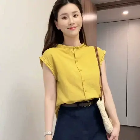 法式木耳边圆领无袖背心女2025新款夏季宽松洋气减龄漂亮小衫上衣图片