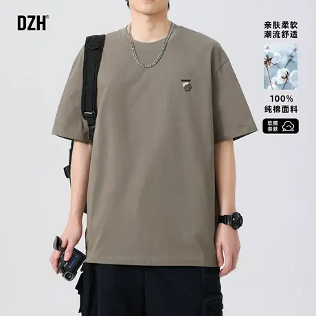 男士卡其色纯棉t恤男短袖夏季潮牌2025新款圆领半袖上衣男款体恤图片