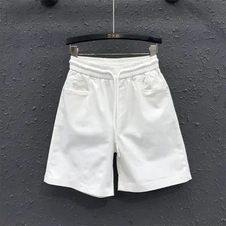 欧货白色松紧腰休闲五分牛仔短裤女装夏季百搭宽松显瘦阔腿中裤潮商品大图