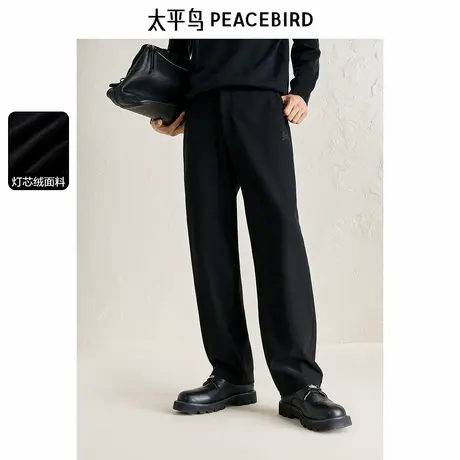 太平鸟男装休闲裤冬季新款黑色刺绣灯芯绒长裤保暖直筒西装裤潮商品大图