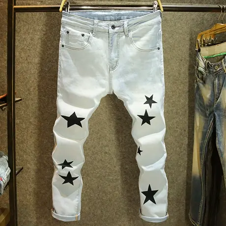 九分牛仔裤男浅色潮牌星星印花百搭9分裤夏季薄款弹力修身小脚裤图片