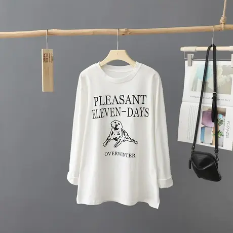 百搭印花圆领长袖t恤女宽松休闲白色打底衫秋装新款女装上衣棉图片